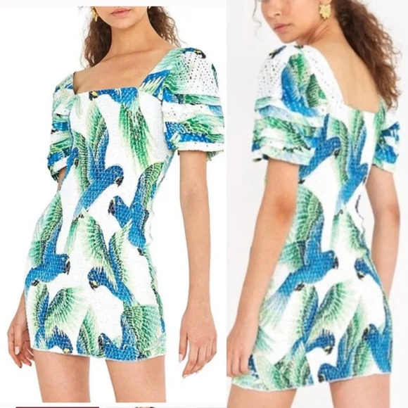 Farm Rio Araras Parrot Print Smocked Mini Dress - Picture 7 of 8